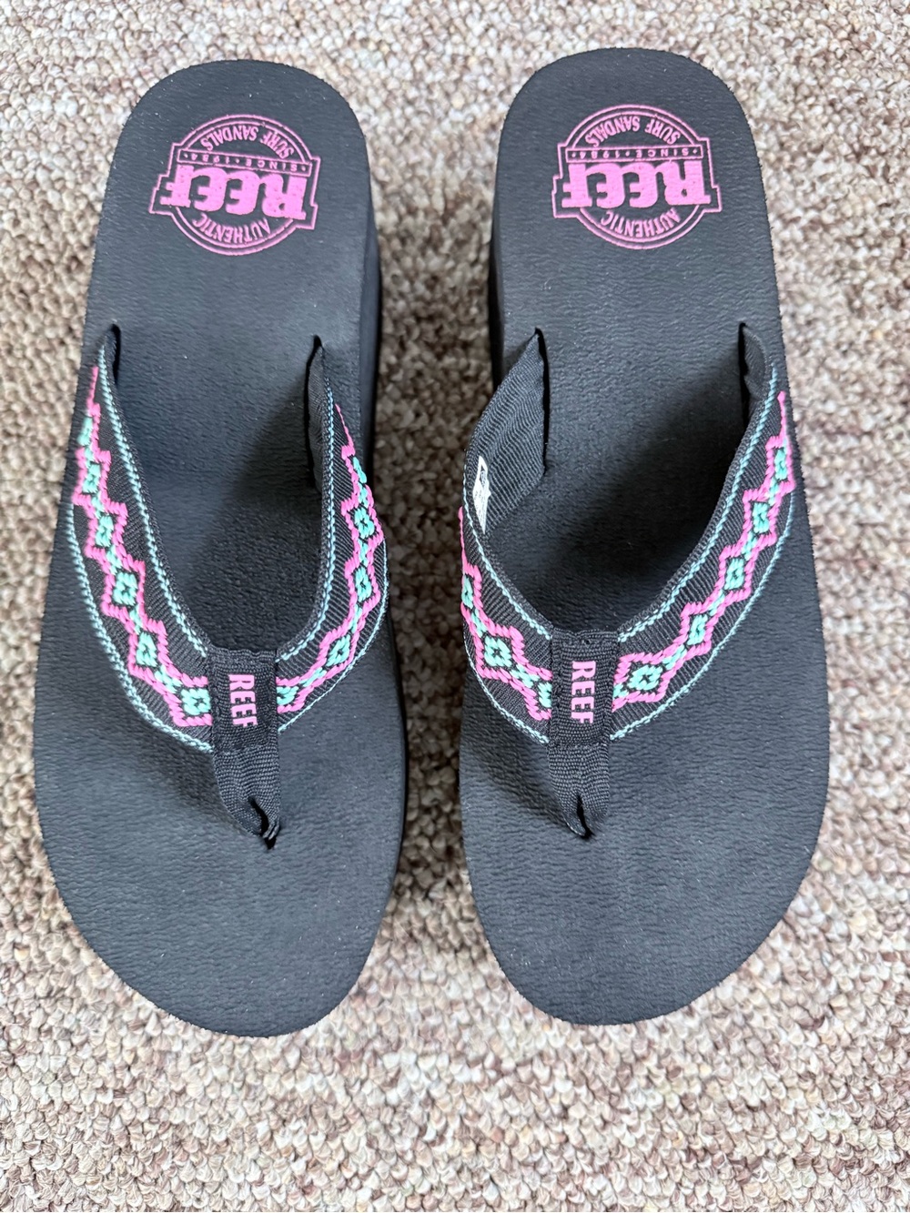 Reef Black Flip Flops with Pink and Teal Embroidered Straps